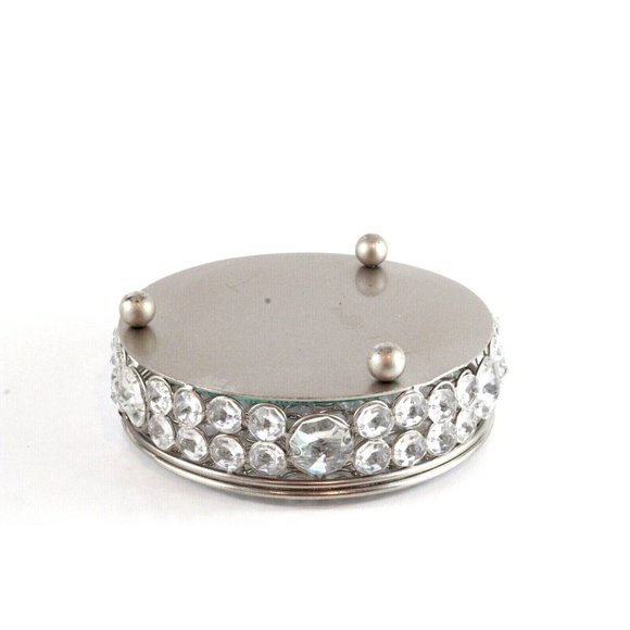 Crystal Trinket Round Organizer Mirrored Jewelry Chrome Accents Keepsake Chest - Picture 8 of 8